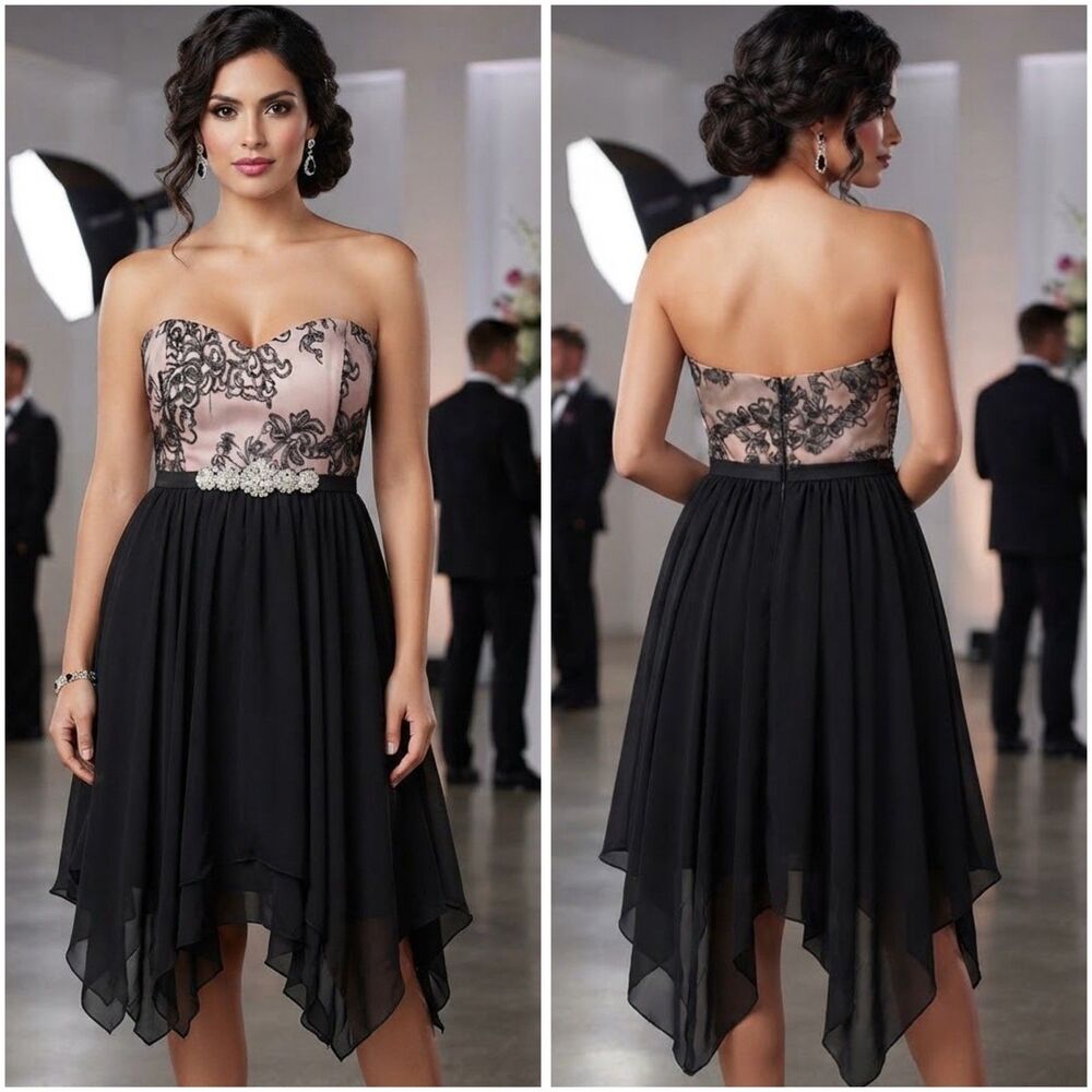 My Michelle size 14 Black Lace Chiffon High-Low Cocktail Dress NWT zipper